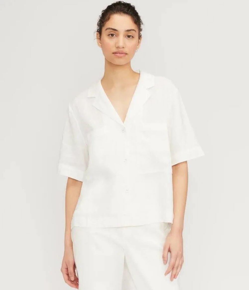 Everlane Button Down Workwear Shirt XXS White 100% Linen Short Sleeve Boxy Fit